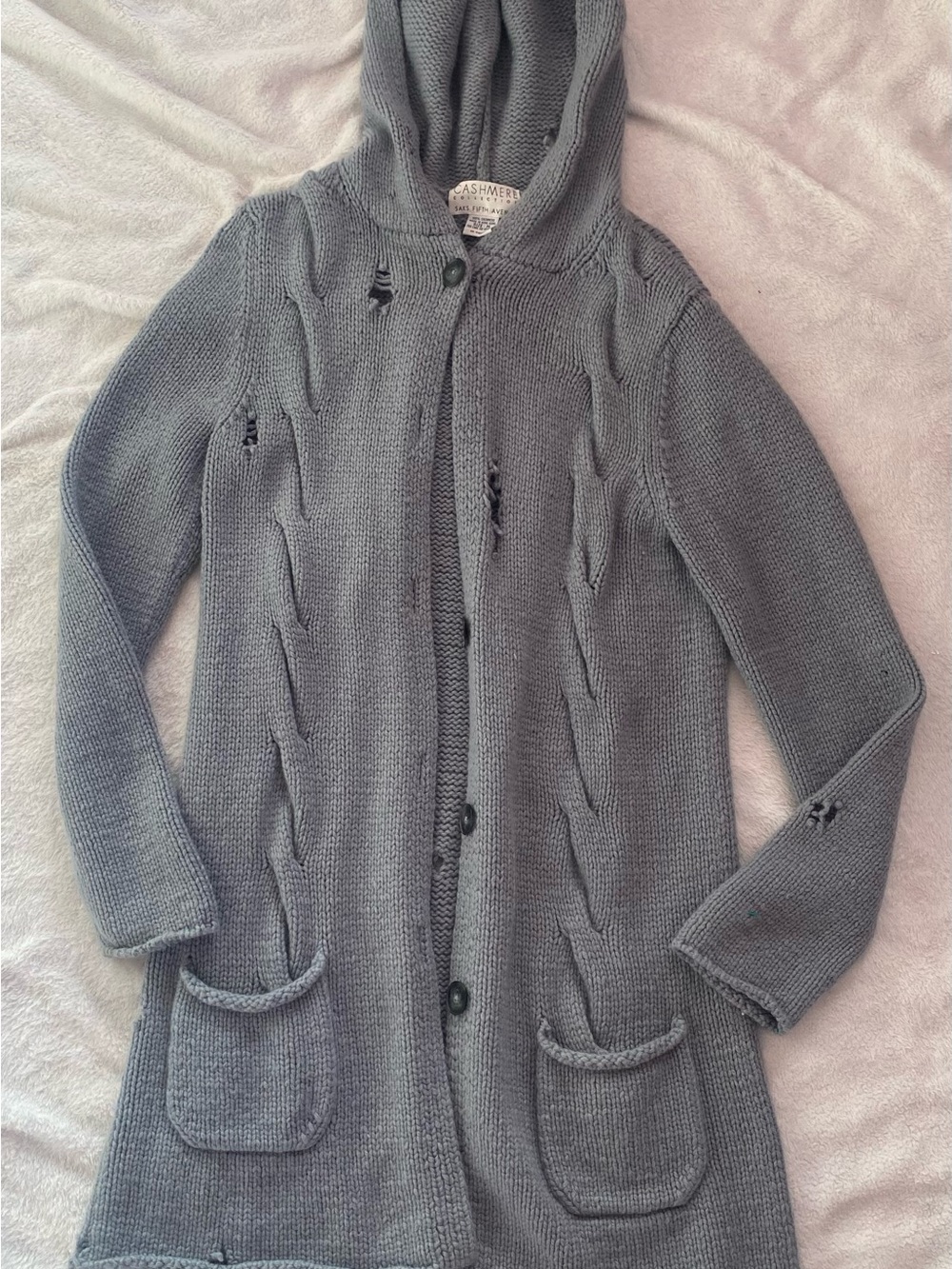 Saks Fifth Avenue Cashmere Collection 100% Cashmere Distressed Grey Cardigan